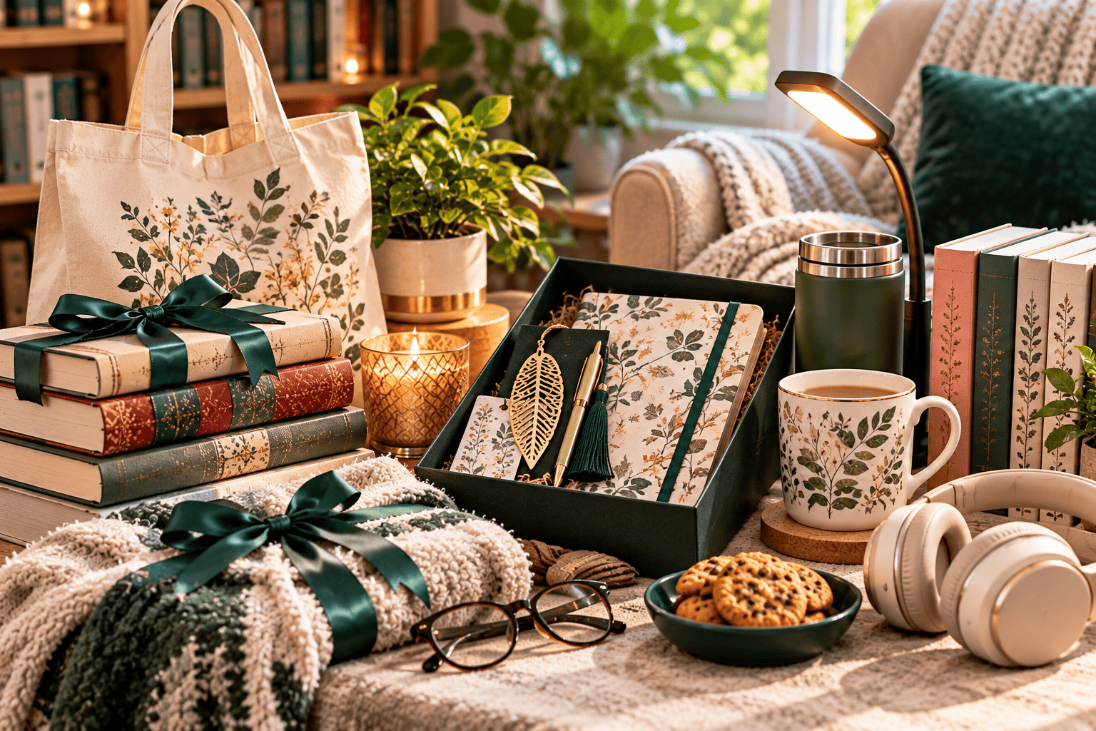 Thoughtful gifts for a cosy reading experience including books a journal mug blanket and reading accessories