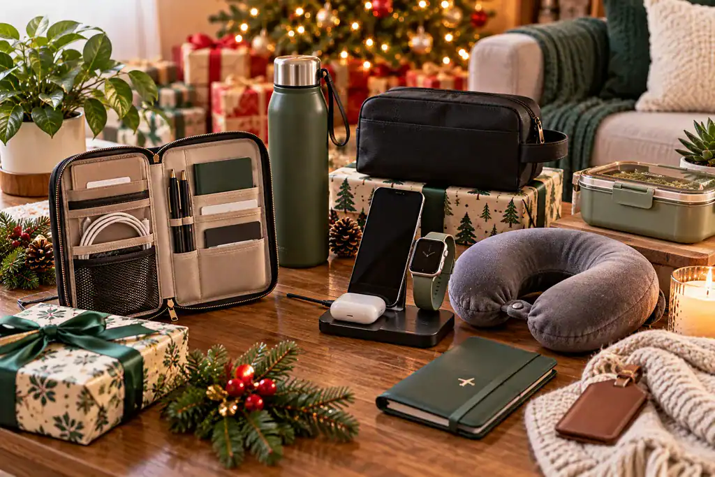 Useful and practical Christmas gifts for men arranged in a modern home setting