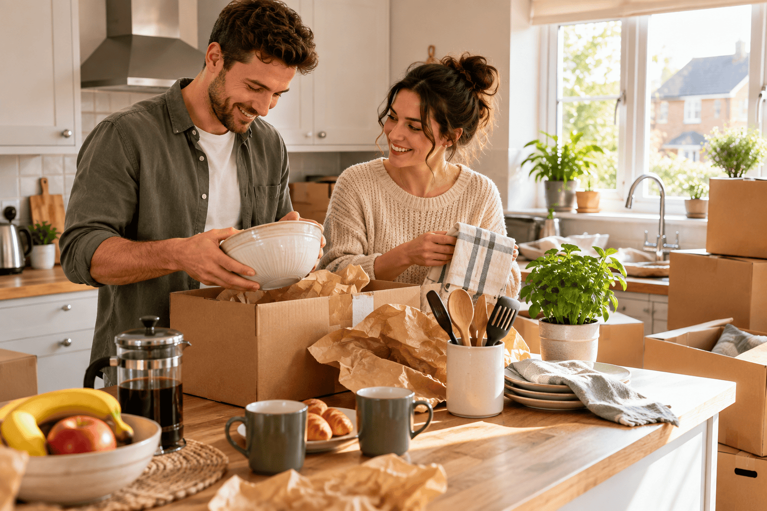 First-time homeowners unpacking useful kitchen items after moving
