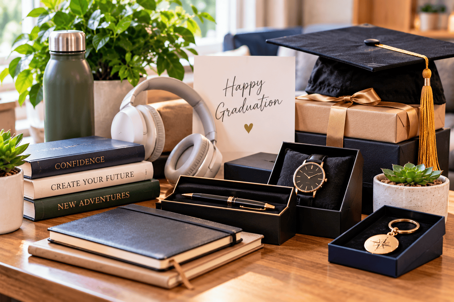 Useful graduation gifts including notebooks headphones a watch pen and travel bottle