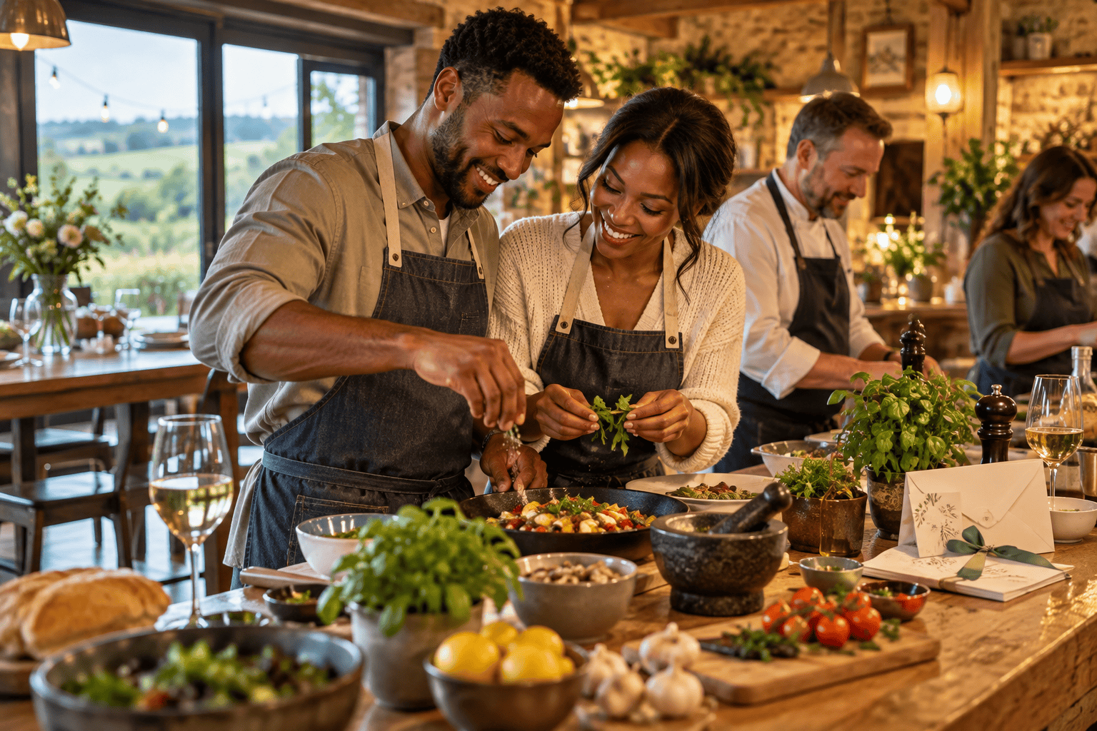Newlywed couple enjoying a countryside cooking class together as a wedding experience gift