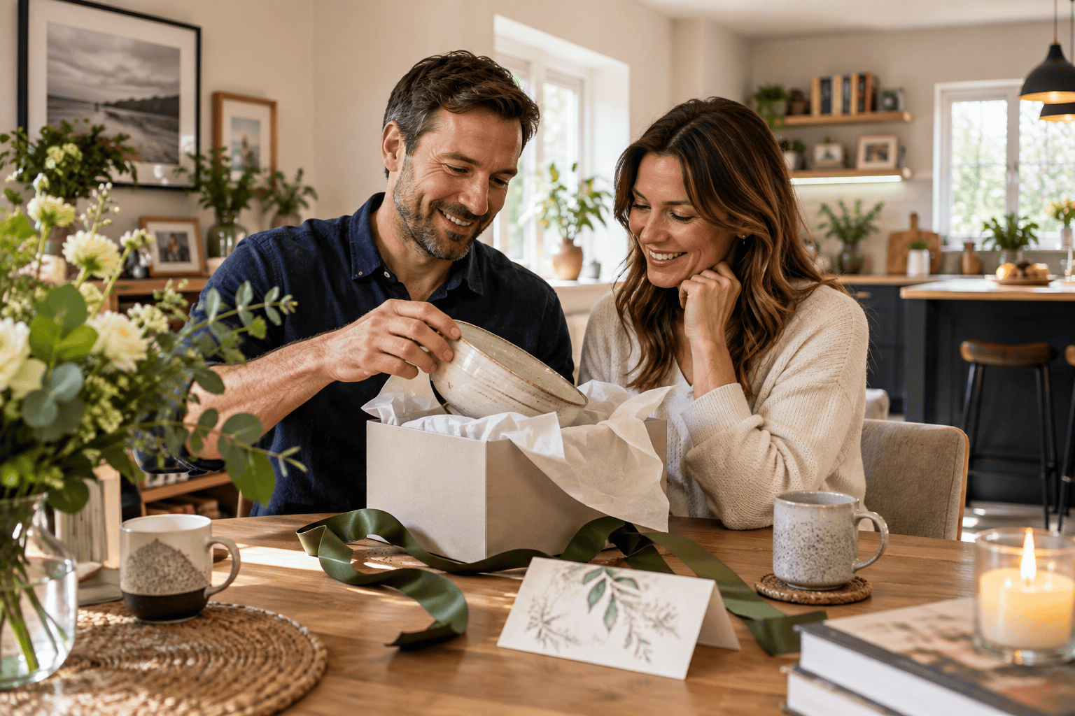 Couple opening a ceramic serving bowl together at their dining table