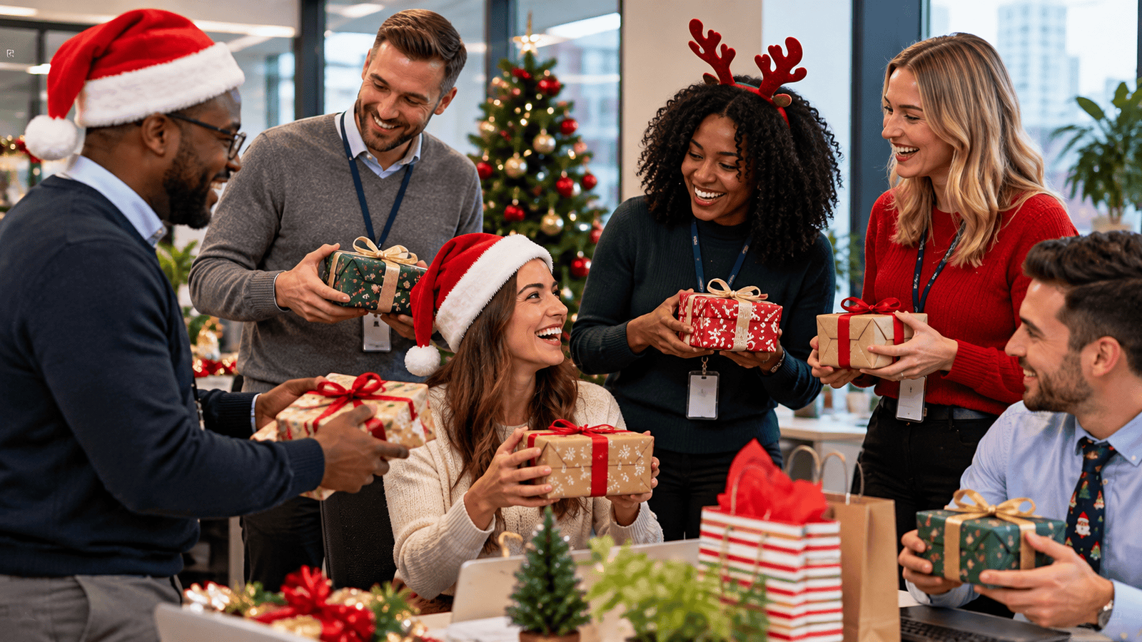 Colleagues exchanging small wrapped gifts in an office at Christmas